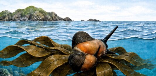 Estudio de la Universidad de Chile revela cómo caracoles habrían llegado a la Antártica sobre macroalgas Representación de un caracol viajando sobre macroalgas flotantes, que habrían funcionado como balsas naturales a través del océano Austral
