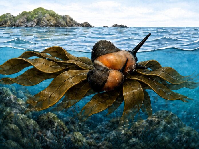 Representación de un caracol viajando sobre macroalgas flotantes, que habrían funcionado como balsas naturales a través del océano Austral
